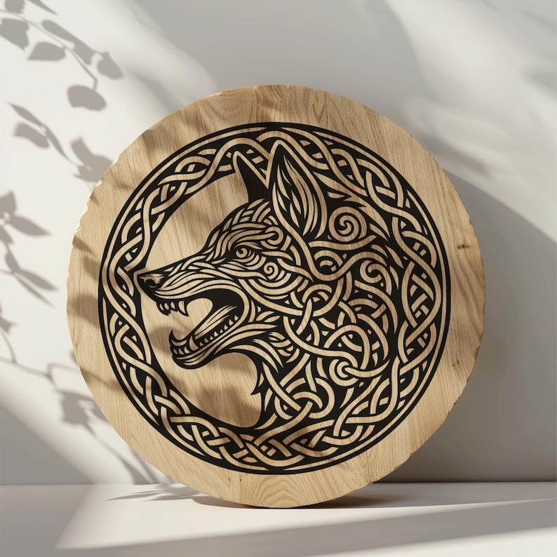 May include: A circular wooden wall decor with a black and white wolf head design in a Celtic knot pattern.