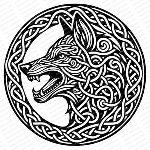 Puede incluir: Ilustración en blanco y negro de la cabeza de un lobo en un diseño de nudo celta circular.