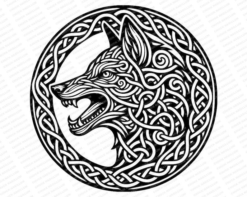 May include: Black and white illustration of a wolf's head in a circular Celtic knot design.