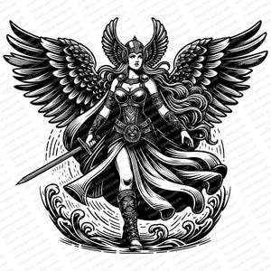 May include: Black and white illustration of a winged warrior woman with a sword. She is wearing armor and a helmet with horns. She is standing on a wave.