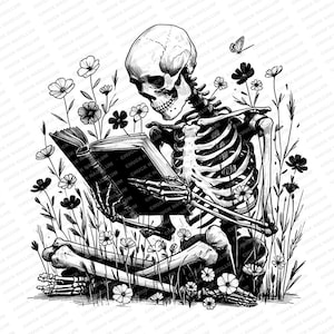Book Reading Skeleton | SVG PNG JPG | Skeleton Art | Gothic T-shirt Design | Floral Wisdom | Book Art | Sublimation | Wildflower Art