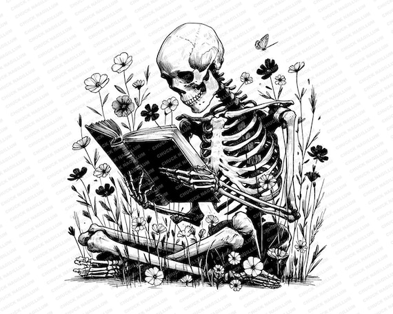 Book Reading Skeleton | SVG PNG JPG | Skeleton Art | Gothic T-shirt Design | Floral Wisdom | Book Art | Sublimation | Wildflower Art