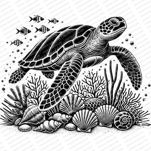 May include: Black and white illustration of a sea turtle swimming over coral and seashells. The turtle is in the centre of the image and is facing the right side of the image. There are several fish swimming around the turtle.