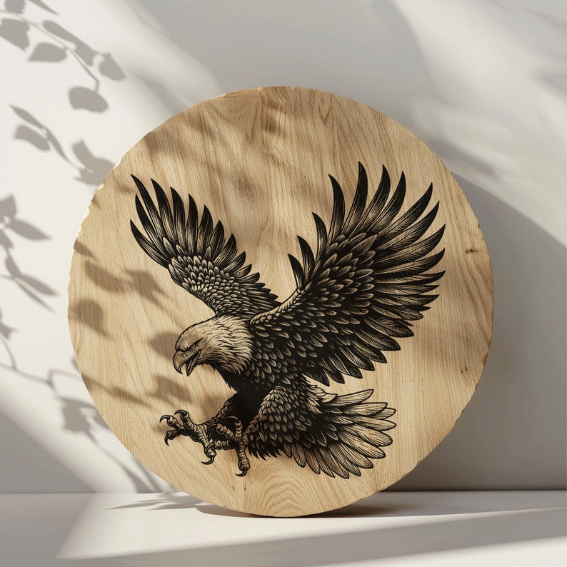 May include: A wooden round plaque with a black and white illustration of an eagle with its wings spread. The eagle is in flight and has a fierce expression.