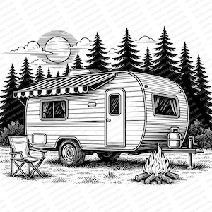 May include: A black and white illustration of a vintage camper van parked in a forest setting. The camper has an awning extended and a campfire is burning in front of it.