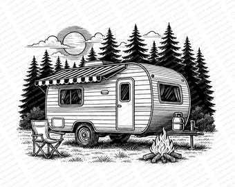 May include: A black and white illustration of a vintage caravan parked in a woodland setting. The caravan has an awning extended and a campfire is burning in front of it.