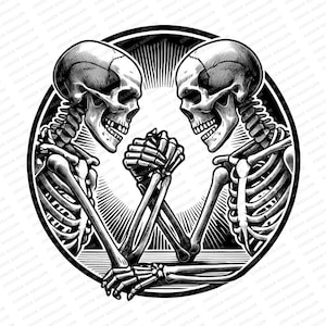 May include: Black and white illustration of two skeletons arm wrestling. The skeletons are facing each other and their arms are crossed. The image is set against a circular background with a sunburst design.