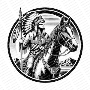 Indiaans | SVG PNG JPG | Krijger te paard | Westers decor | Boho T-shirtontwerp| Indiase kunst | Sublimatie | Native hoofdtooiprint