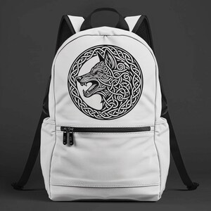 May include: White backpack with a black Celtic knot design featuring a wolf's head.