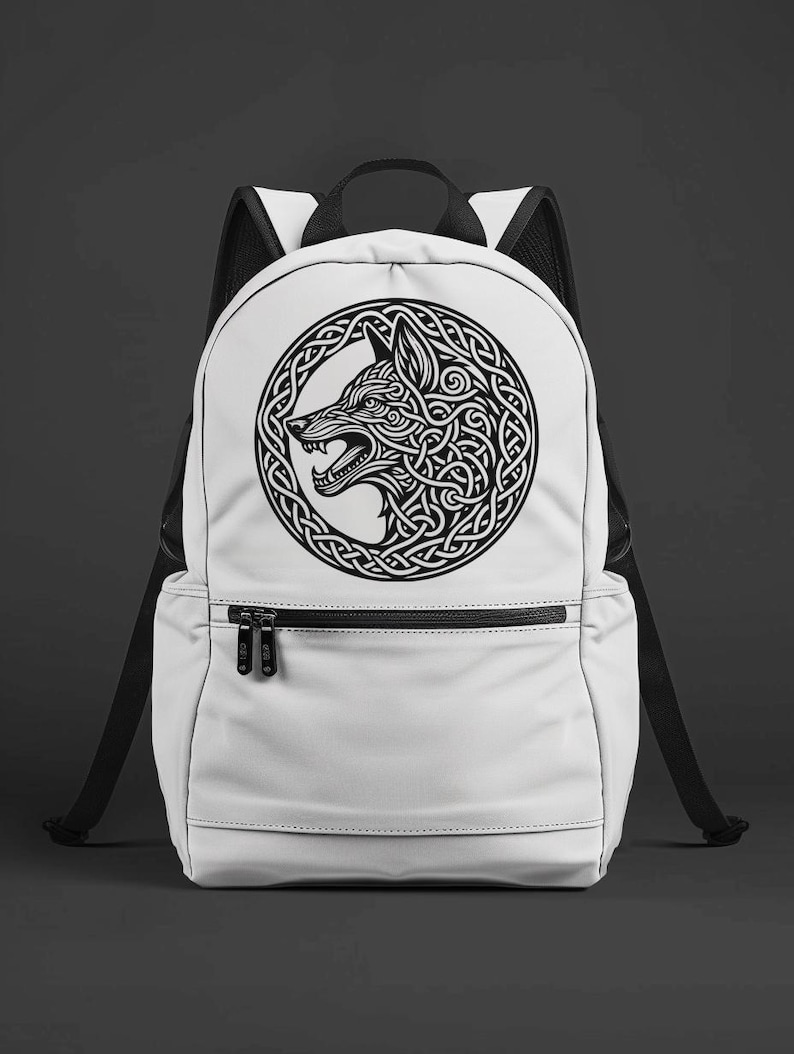 May include: White backpack with a black Celtic knot design featuring a wolf's head.