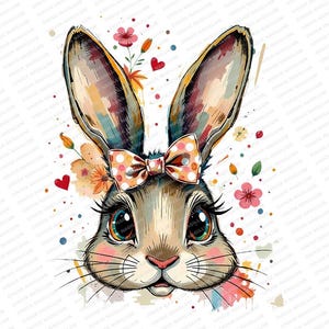 Op de afbeelding: Waterverfillustratie van een bruin konijn met een roze stippen strik, omringd door kleurrijke bloemen en bladeren.