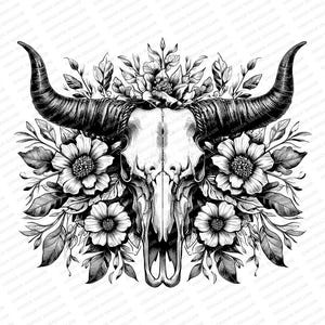 May include: Black and white illustration of a bull skull with floral accents. The skull is surrounded by flowers and leaves, creating a decorative and whimsical design.