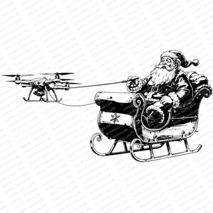 May include: Black and white illustration of Father Christmas flying in a sleigh pulled by a drone. Father Christmas is wearing a traditional red suit with a white beard and hat. The drone is flying in front of the sleigh, pulling it through the air.