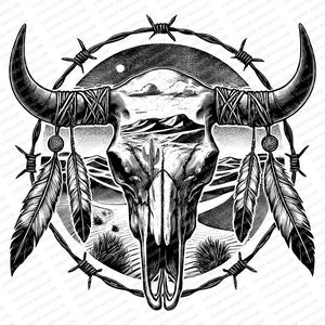 May include: Black and white illustration of a bull skull with feathers and barbed wire. The skull is surrounded by a circle of barbed wire and has feathers hanging from it. The background is a desert landscape.