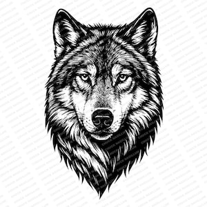 May include: A detailed black and white illustration of a wolf's head, facing forward. The artwork emphasizes the wolf's fur texture and piercing gaze, with a focus on the eyes and nose. The design is a striking representation of wildlife.