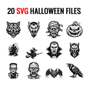 Halloween 20 SVG-Dateien | Original gezeichnete Kunst | Halloween Clipart | Sublimationsdruck | SVG Shirt Designs | Halloween-Dekor | Laser Etch Print Pack