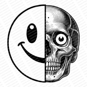 May include: Black and white graphic design featuring a split face. One half is a smiling face, the other half is a detailed skull. The design is a contrast of happiness and mortality, with intricate linework.