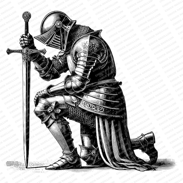 Kneeling Knight | SVG PNG JPG | Medieval Knight Design | Gothic T-shirt Design | Fantasy Knight | Crusader Warrior| Sublimation | Chivalry