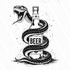 Pode incluir: Uma ilustração em preto e branco de uma cobra enrolada em torno de uma garrafa de cerveja. A garrafa tem a palavra "BEER" impressa nela.