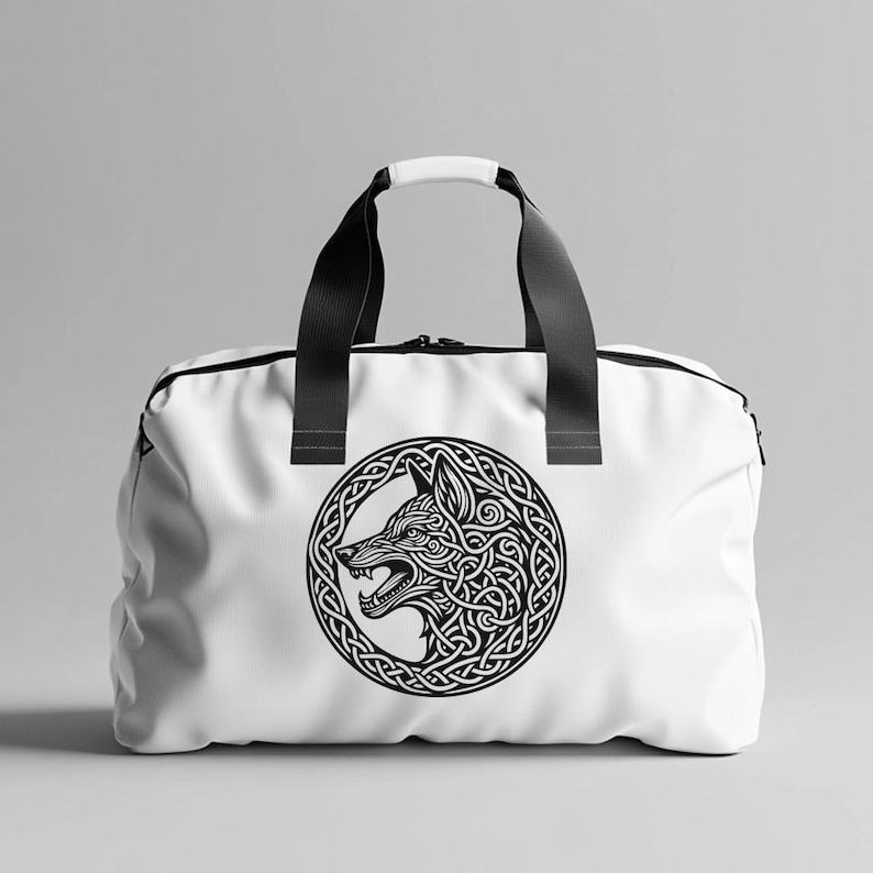 May include: White canvas duffel bag with black handles and a black and white graphic of a wolf's head in a Celtic knot design.