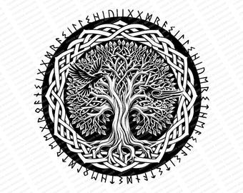 Drzewo Wikingów | SVG PNG JPG | Yggdrasil | Kruki Odyna | Sztuka Wikingów | Sublimacja | Popiół Yggdrasil | Runy nordyckie | Futhark | Drzewo nordyckie