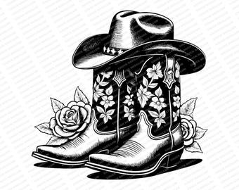 May include: Black and white illustration of a pair of cowboy boots with floral designs and a cowboy hat. The boots are decorated with roses.