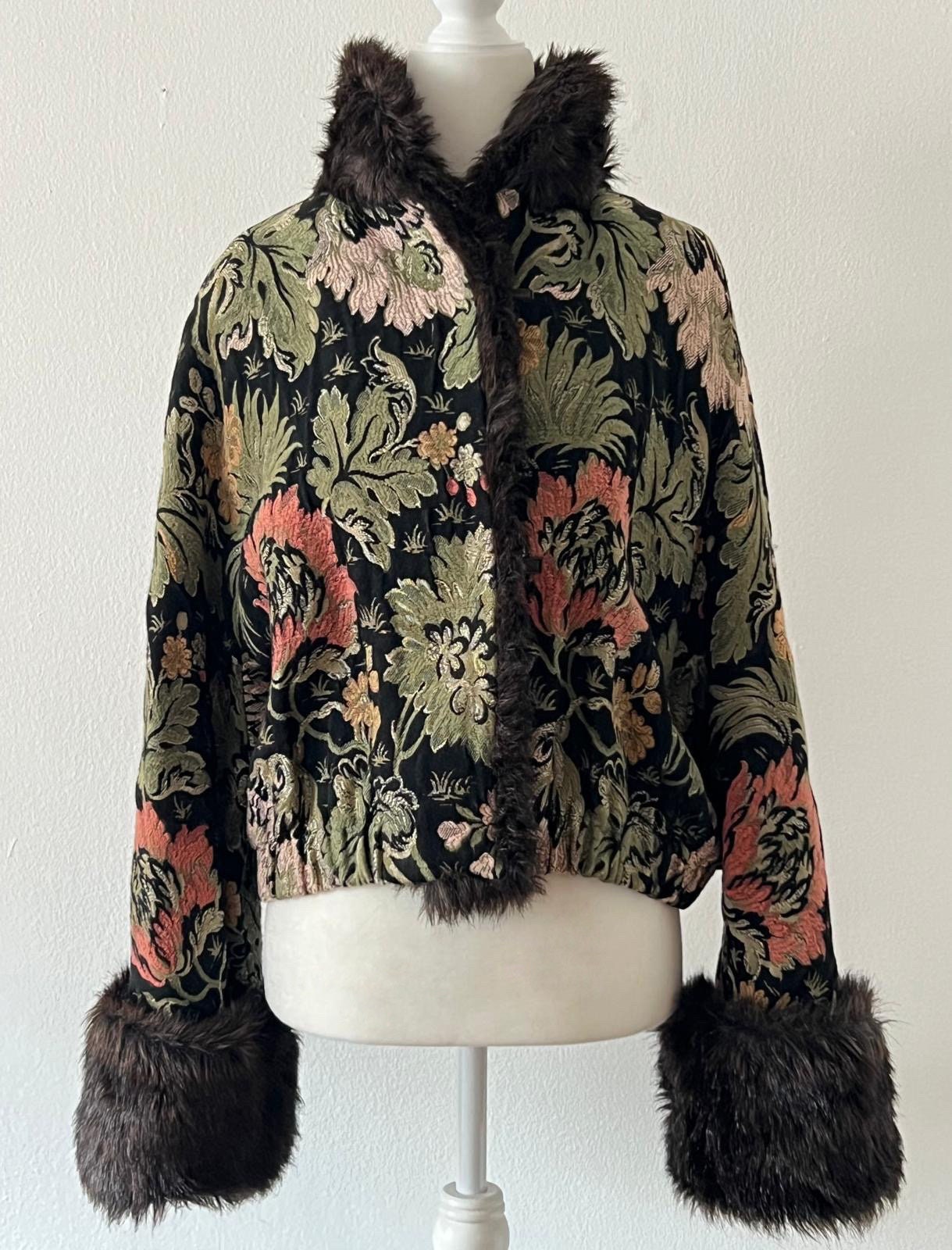 Vintage 90s Emporio Armani Faux Fur Trimmed Tapestry Coat Sz 
