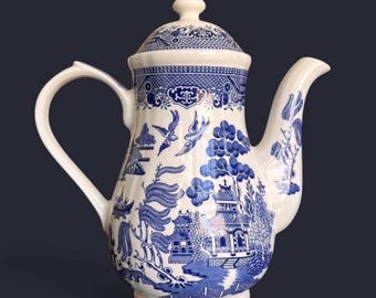 Cafetera vintage Blue Willow Churchill, Inglaterra, 24 cm, estilo chinoiserie georgiano.