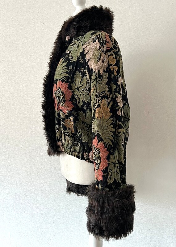 Vintage 90s Emporio Armani Faux Fur Trimmed Tapestry Coat Sz 