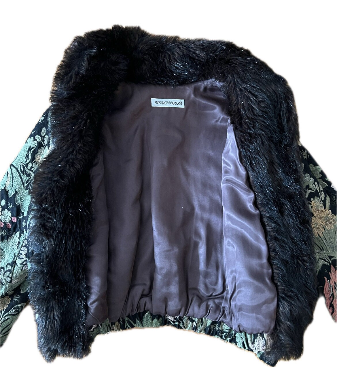 Vintage 90s Emporio Armani Faux Fur Trimmed Tapestry Coat Sz 