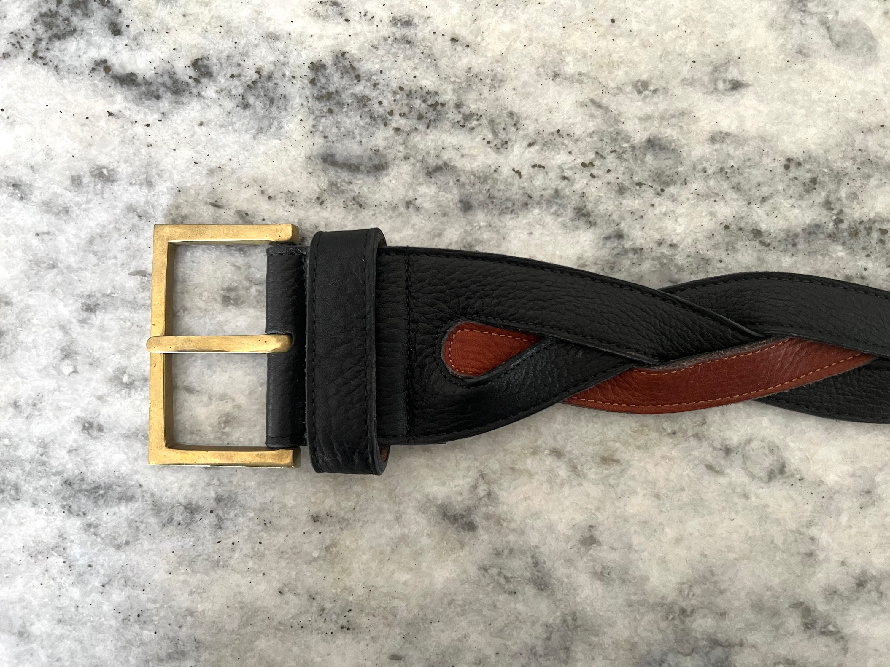 VINTAGE Johnny Farah Braided Cowhide Belt With Brass Buckle  display picture 2
