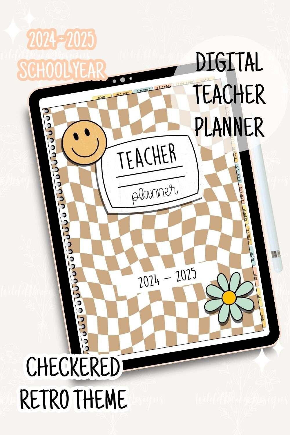 Digital Teacher Planner I 2024-2025 School Year I Digital Download I Goodnotes Compatible I Checkered Retro Theme