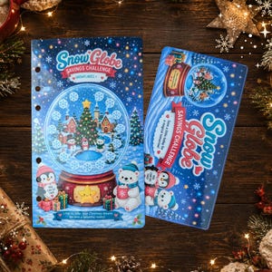 May include: Two blue Snow Globe Savings Challenge booklets. One shows a snow globe with a Christmas scene and the text "Snow Globe Savings Challenge". The other booklet has a snow globe image and the text "Save a little today for a magical tomorrow!"