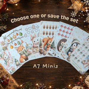 May include: A set of A7 mini cards with winter and Christmas illustrations. Each card features a different animal, including a mouse, fox, bunny, squirrel, hedgehog, and penguin, with festive decorations and text.