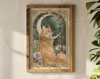 Copper Cascade: Wall art nouveau poster mucha inspired cat print