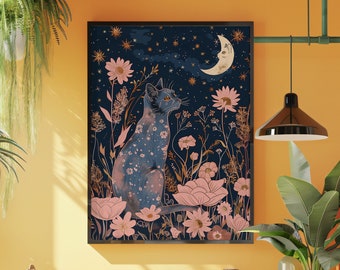 Night Cat: Art Nouveau lounge wall art moon mucha inspired print -- Framed or Poster