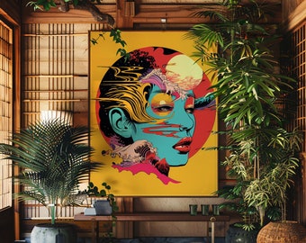 Setting sun: Wall art japanese hokusai inspired art print woman bright maximalist wall decor