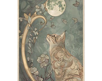 Cat Nouveau: Art nouveau wall decor cat artwork moon nouveau print -- Mucha inspired art