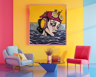 Almost human: Cyborg dystopian Lichtenstein inspired artwork moody maximalism retro futuristic digital print