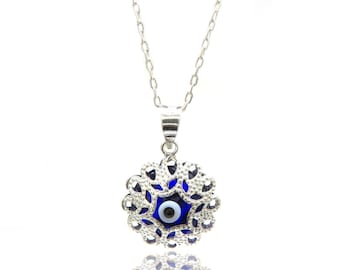 925K Sterling Silver Evil Eye Charm Necklace: Turkish Pendant