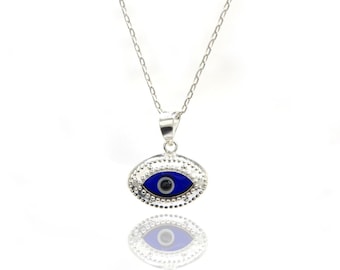 925K Sterling Silver Turkish Evil Eye Charm Necklace