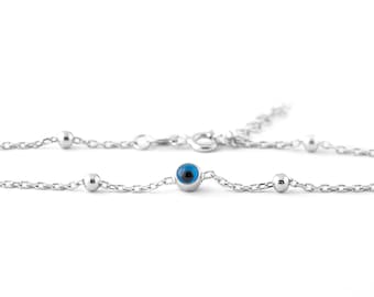 Minimalist 925K Sterling Silver Evil Eye Charm Bracelet