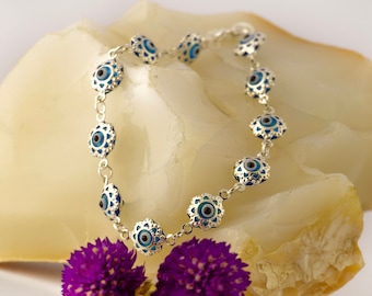 925K Sterling Silver Evil Eye Charm Bracelet: Dainty Silver Chain