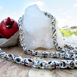 Cross Engraved Chain Necklaces, Byzantine Chain Necklace, Solid Silver Chain Necklace, Chain Necklace, Oxidized Silver Chain, Gift For Men