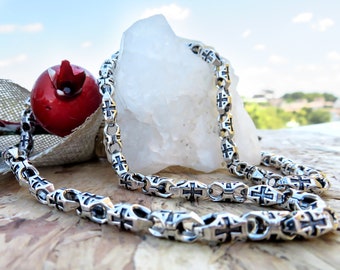 Cross Engraved Chain Necklaces, Byzantine Chain Necklace, Solid Silver Chain Necklace, Chain Necklace, Oxidized Silver Chain, Gift For Men
