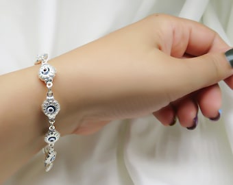 Sterling Silver Evil Eye Bracelet: Dainty Charm Chain
