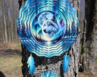 Atrapasueños Wolf Aurora Borealis, molinillo de viento, decoración de jardín para luna llena, aluminio de 25 cm.