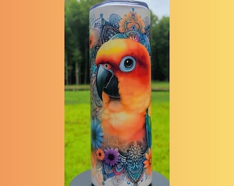 Vaso de loro Sun Conure, diseño artístico de acuarela, acero inoxidable aislado de 20 o 30 oz