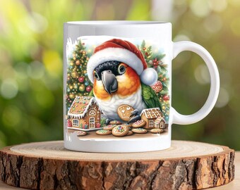 Taza navideña de loro caique de capa negra – Taza de café de cerámica con acuarela