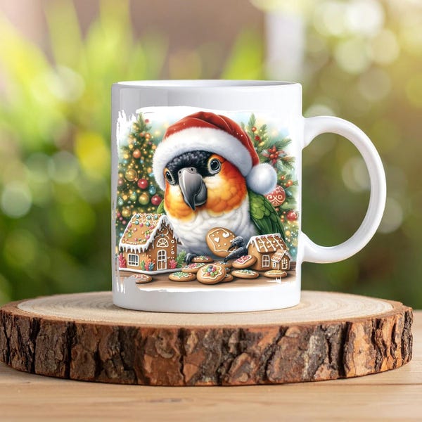 Black Capped Caique Parrot Christmas Mug – Watercolor Ceramic Coffee Cup